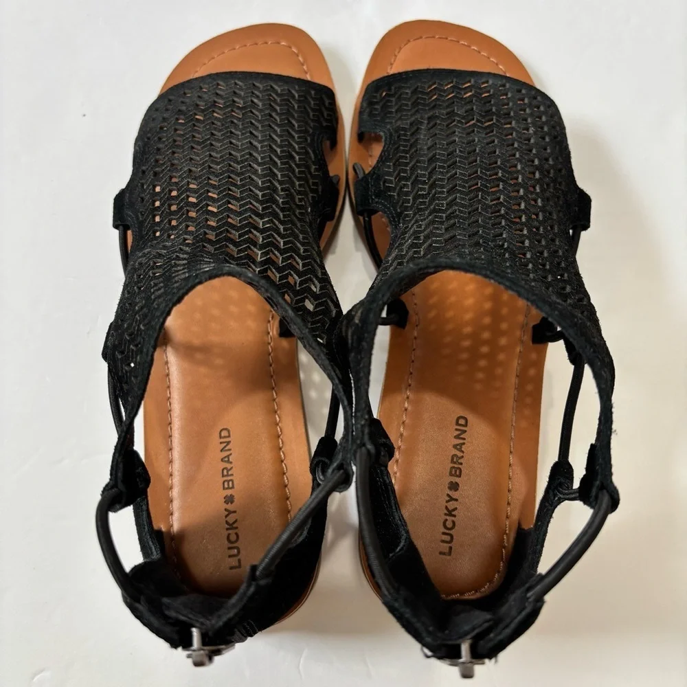 Lucky Brand baldin black laser cut gladiator preppy western sandals Women's 10M